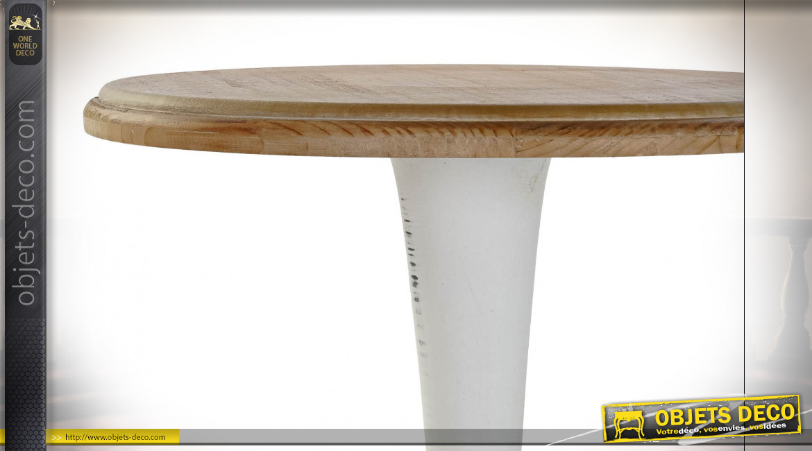 Table d'appoint en bois de sapin finition blanc vieilli et naturelle ambiance shabby chic, 54cm