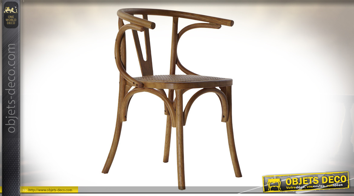 Chaise en bois d'orme finition brun foncé et rotin tressé ambiance bistro Parisien, 76cm