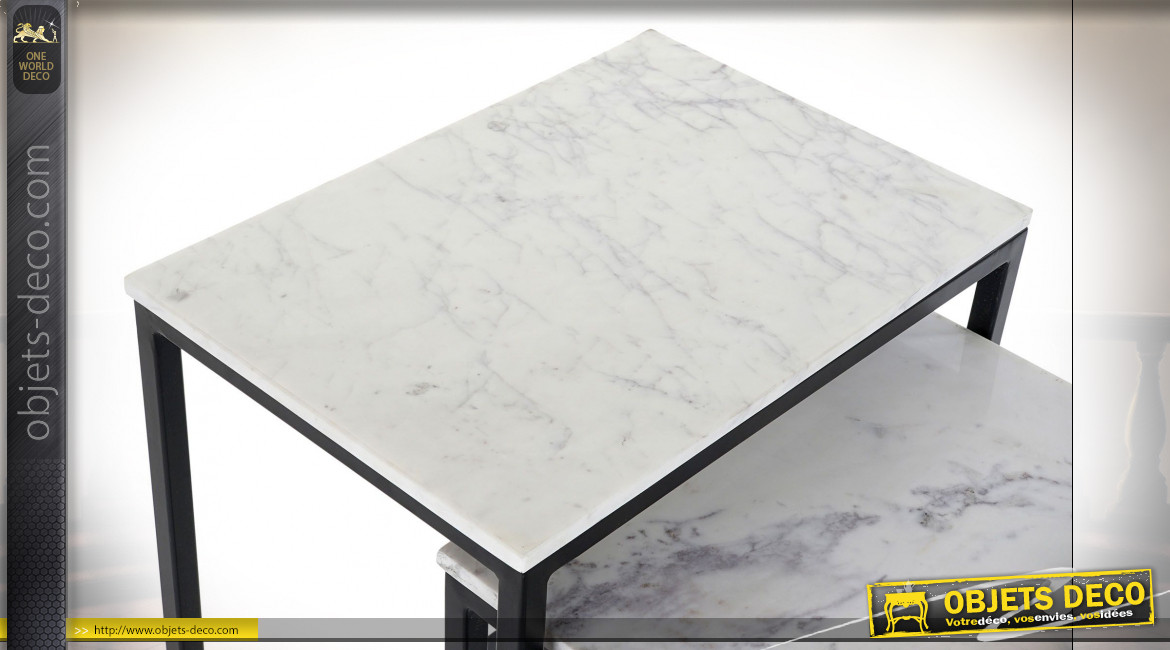 Table d'appoint gigogne en fer noir et plateaux en marbre blanc de style moderne, 60.5cm