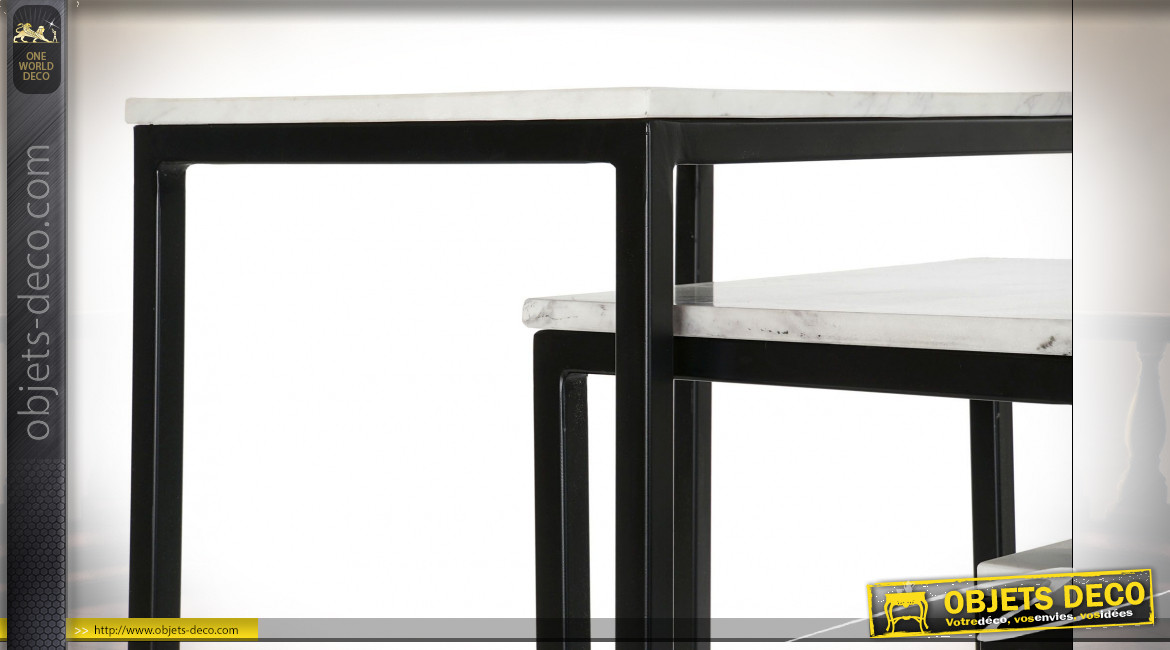 Table d'appoint gigogne en fer noir et plateaux en marbre blanc de style moderne, 60.5cm