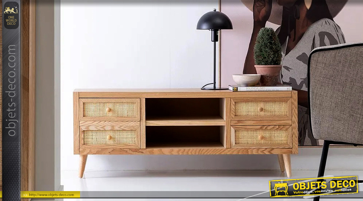 Meuble TV en bois de chêne et façades de tiroirs en rotin, ambiance rustique, 118cm