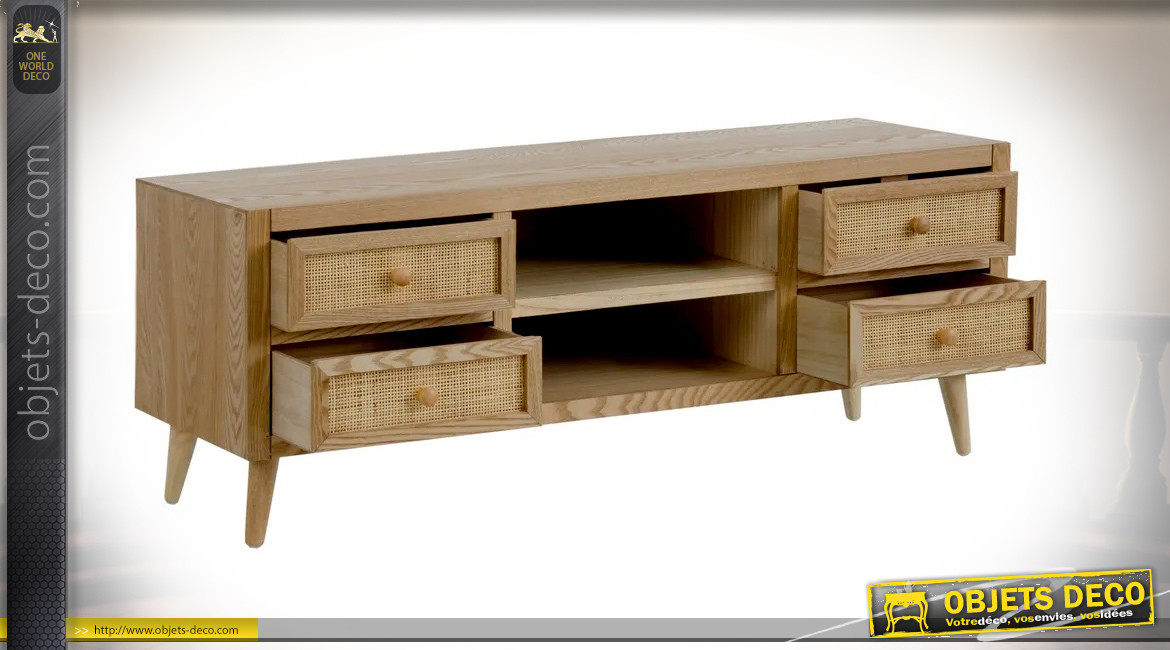 Meuble TV en bois de chêne et façades de tiroirs en rotin, ambiance rustique, 118cm