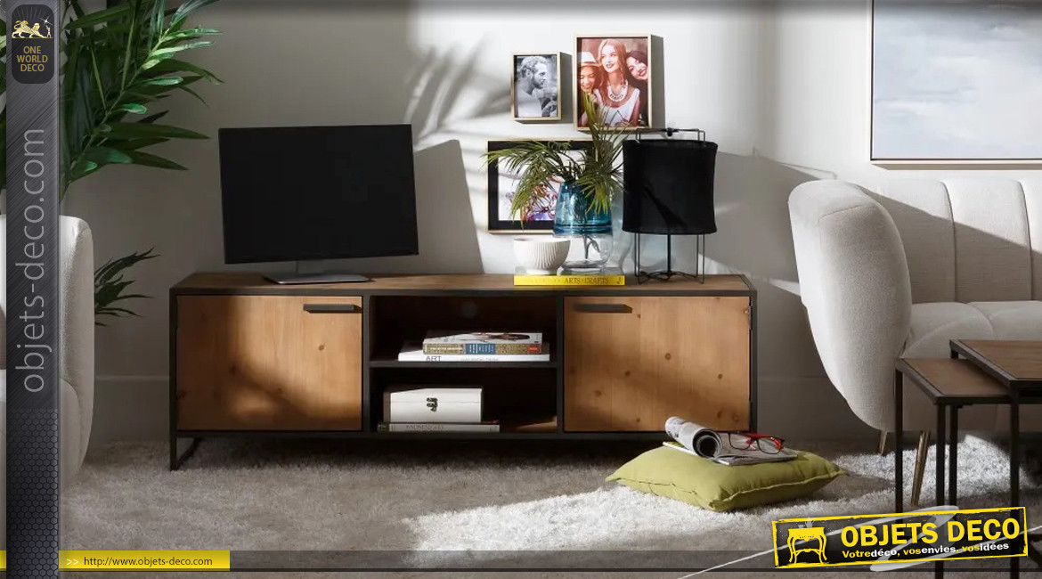 Meuble TV en bois et métal, ambiance linéaire moderne, finition brute et charbon, 150cm