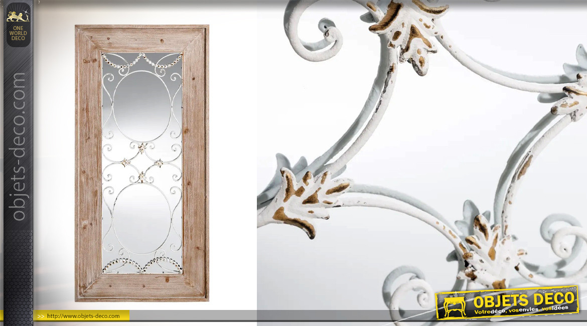 Grand miroir fenêtre de 150cm, en bois de spain et métal effet fer forgé, ambiance campagne