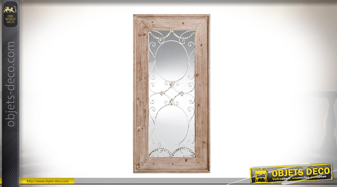Grand miroir fenêtre de 150cm, en bois de spain et métal effet fer forgé, ambiance campagne
