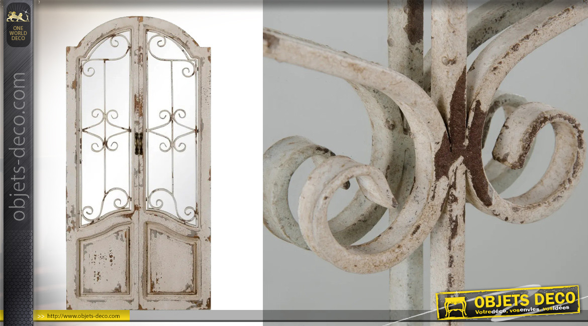 Miroir porte fenêtre de 104cm, en bois et métal effet fer forgé, ambiance vieille campagne