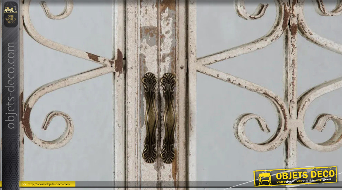 Miroir porte fenêtre de 104cm, en bois et métal effet fer forgé, ambiance vieille campagne