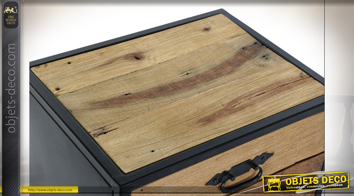 Table de chevet en métal bois recyclé finition naturelle vieillie ambiance industrielle, 60cm
