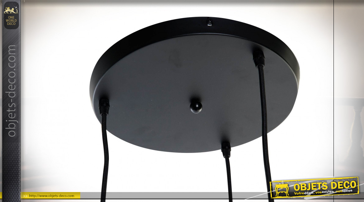 Suspension luminaire à 3 feux en métal finition noire ambiance moderne, 80cm
