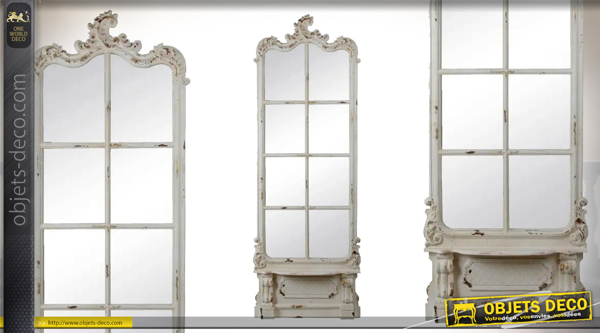 Très grand miroir de 215cm en bois, esprit baroque classique vieux manoir, finition décapée
