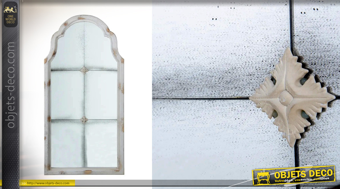 Miroir fenêtre en bois et verre effet usé moucheté, finition blanc antique, 120cm