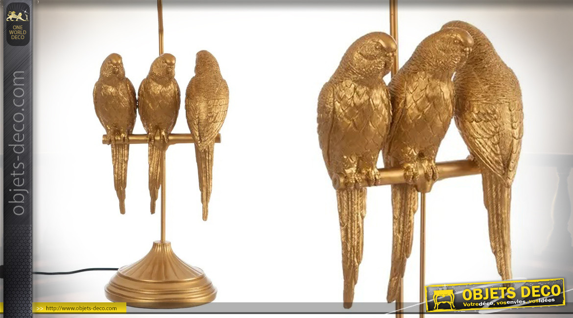 Grande lampe à poser en résine dorée, trio de perroquets sur perchoir, ambiance tropicalo chic, 79cm