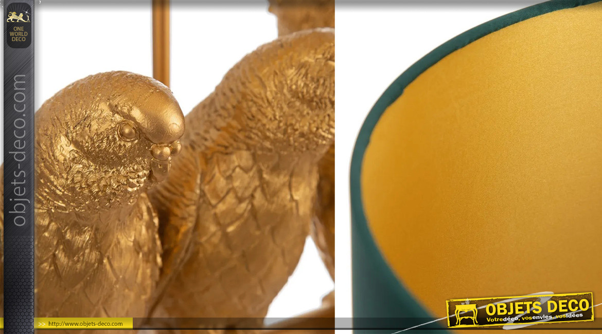 Grande lampe à poser en résine dorée, trio de perroquets sur perchoir, ambiance tropicalo chic, 79cm