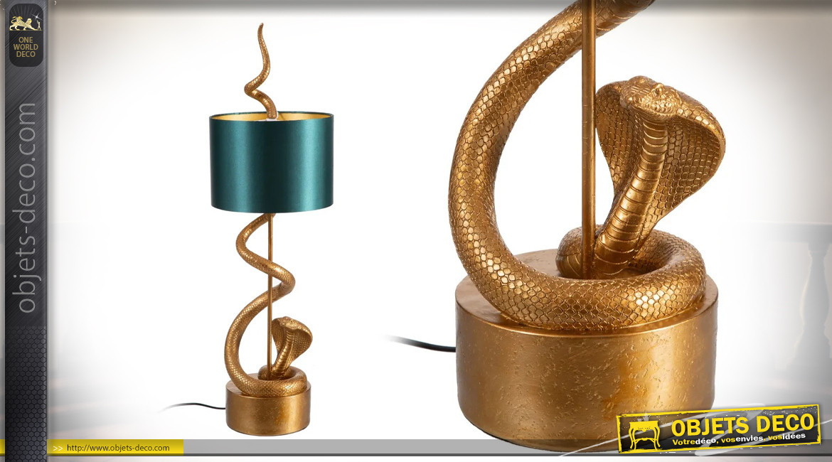Grande lampe à poser avec pied en forme de serpent, finition doré ancien et vert impérial, 84cm