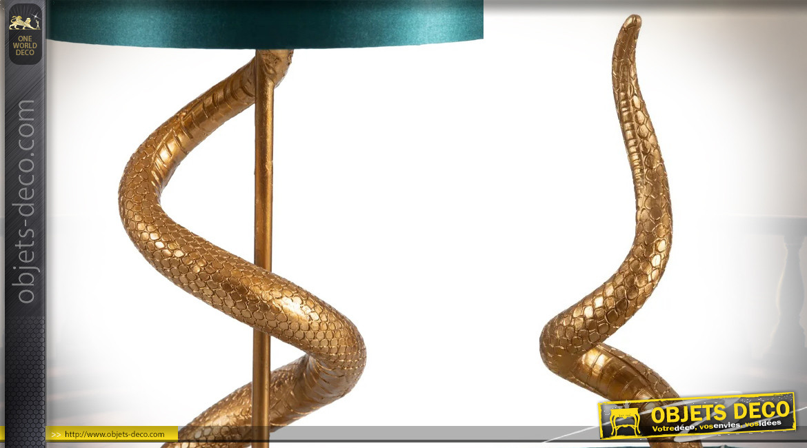 Grande lampe à poser avec pied en forme de serpent, finition doré ancien et vert impérial, 84cm