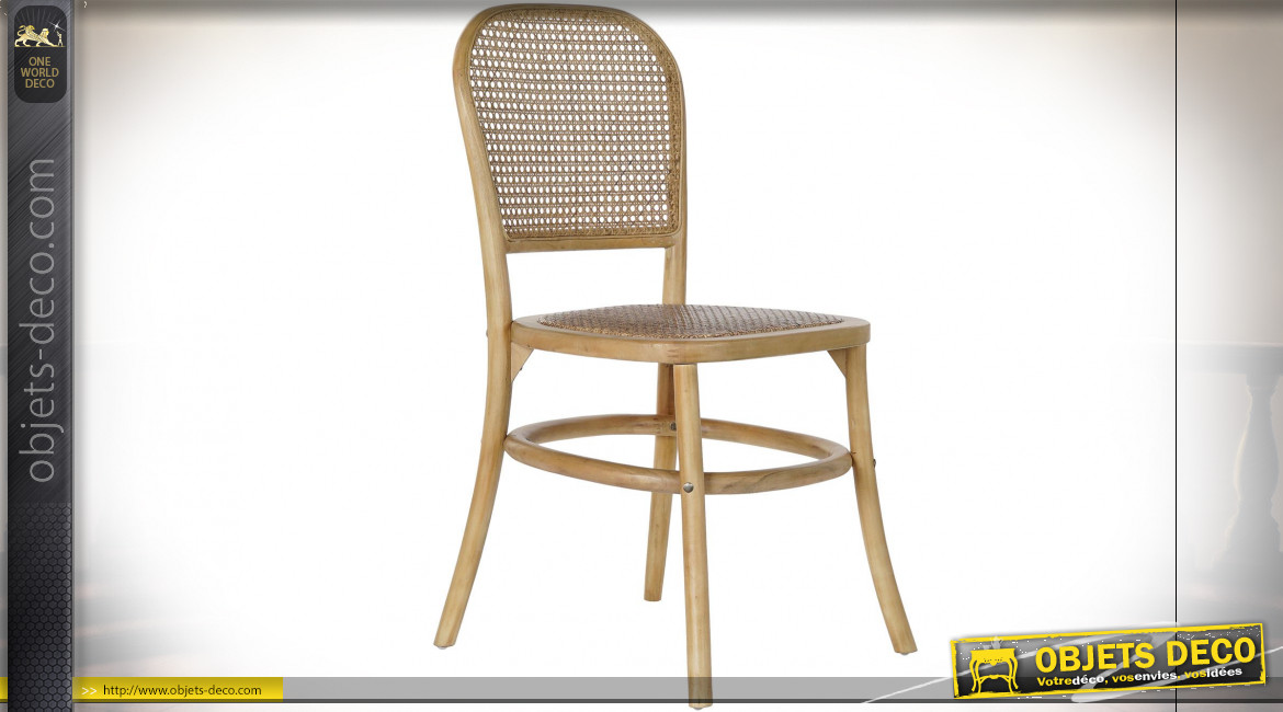 Chaise en bois de bouleau et cannage de rotin finition naturelle ambiance rétro, 87cm