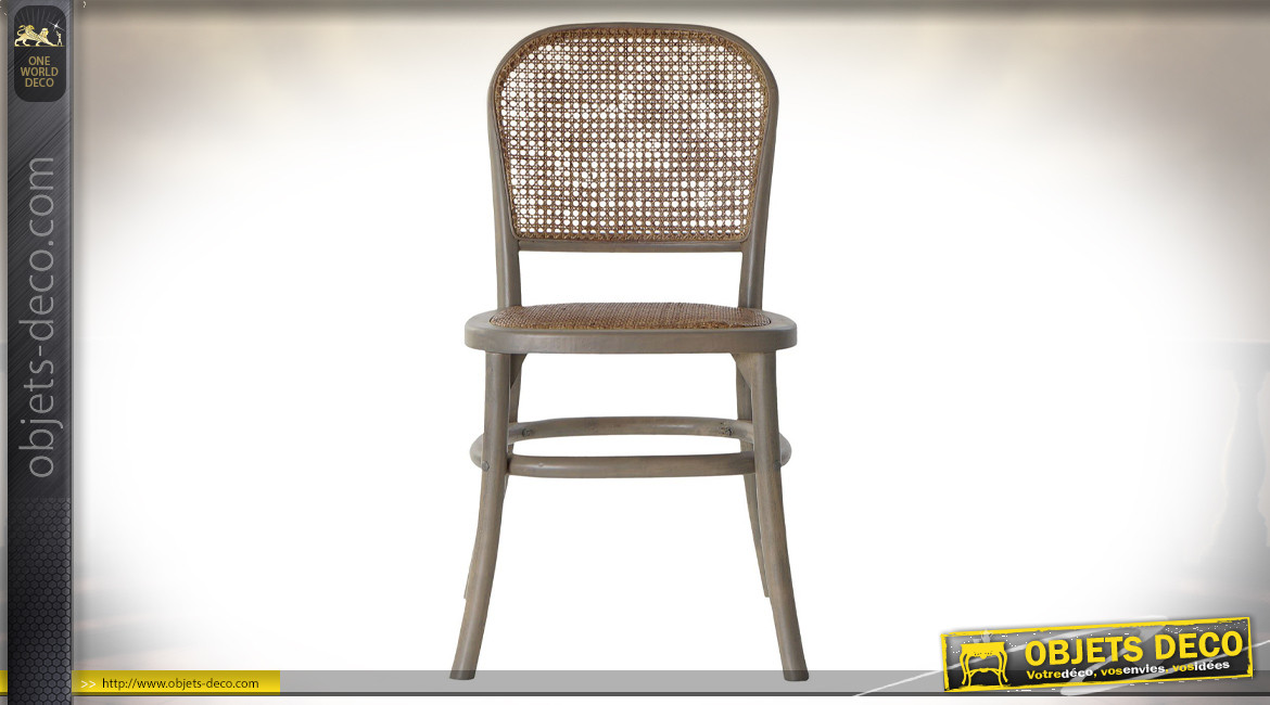 Chaise en bois de bouleau finition gris clair et cannage de rotin ambiance rétro, 85cm