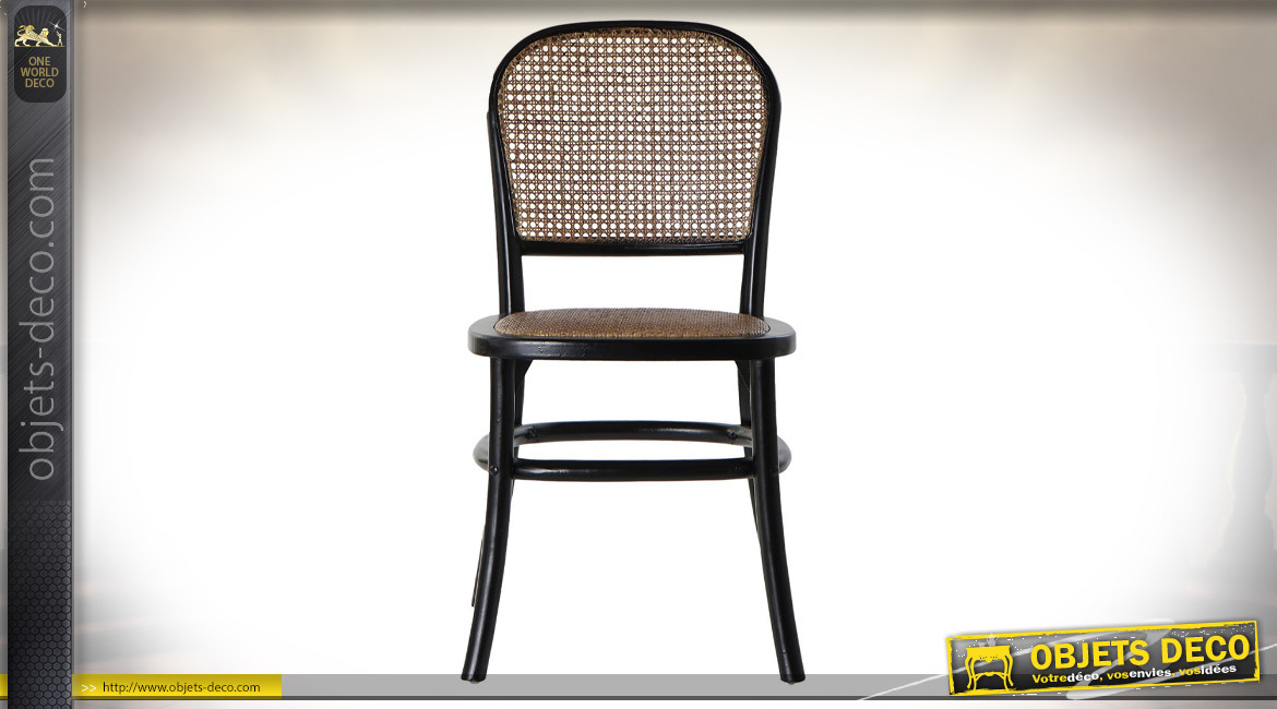 Chaise noire de style rétro en bois et cannage de rotin finition naturelle, 85cm