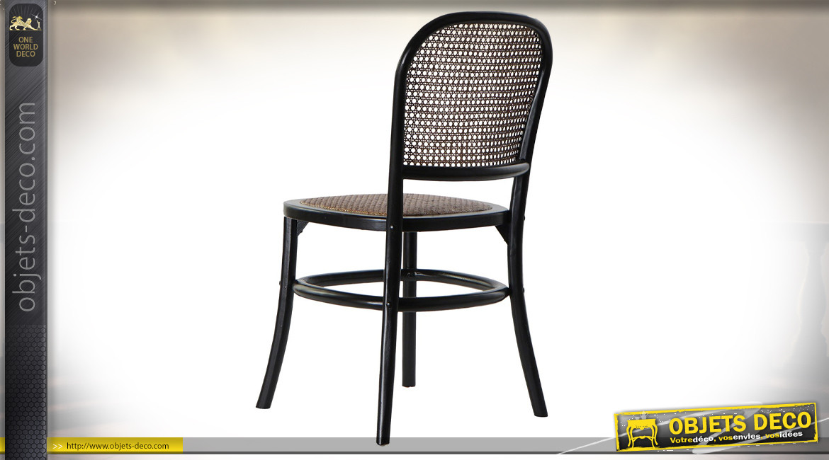 Chaise noire de style rétro en bois et cannage de rotin finition naturelle, 85cm