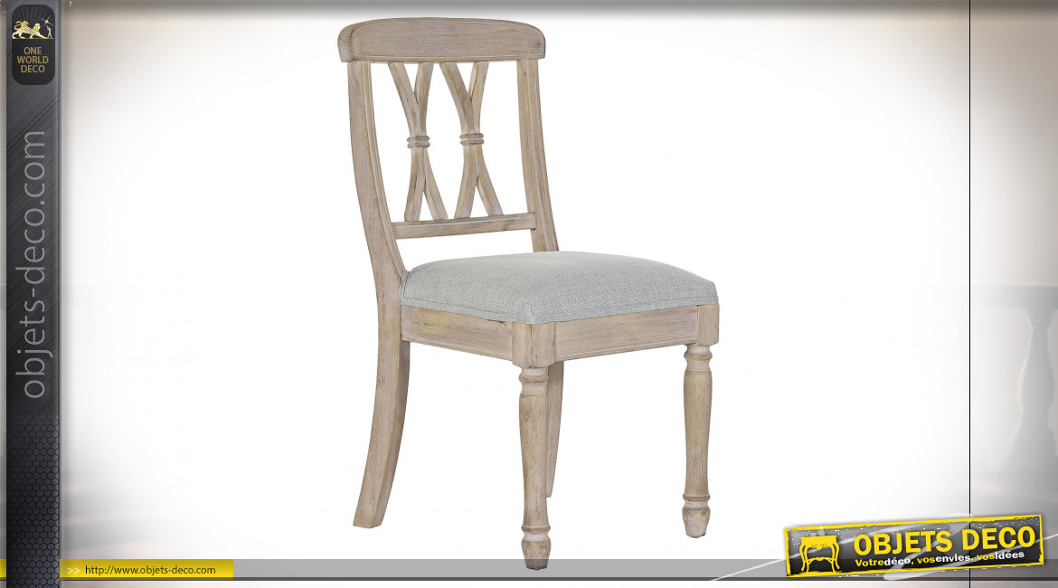 Chaise à dossier en croisillons en bois de caoutchouc finition naturelle blanchie, assise en lin gris ambiance classique, 89cm