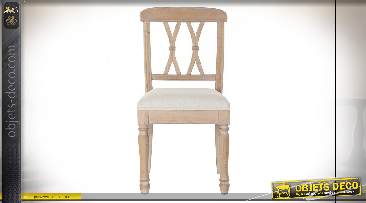 Chaise de style classique en bois de caoutchouc finition naturelle et assise en lin gris perle, 89cm