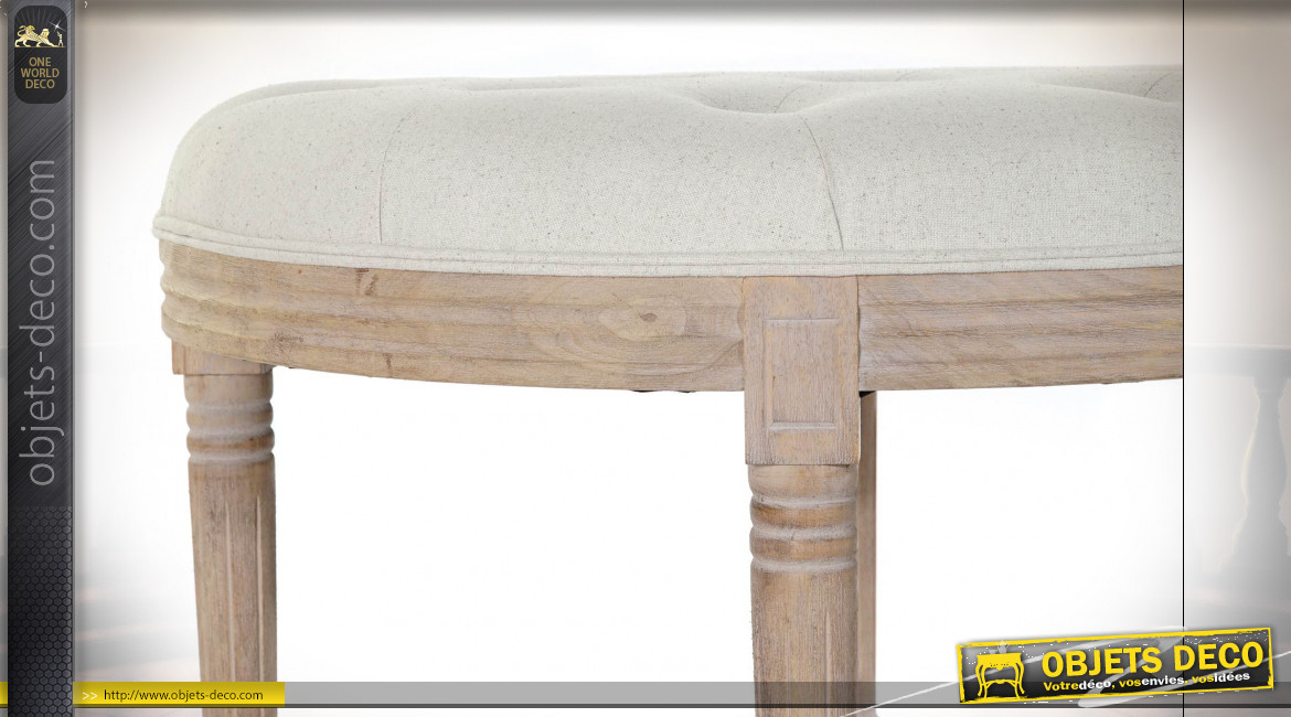 Bout de lit de style traditionnel en bois de caoutchouc finition naturelle et assise en lin capitonné gris perle, Ø70cm