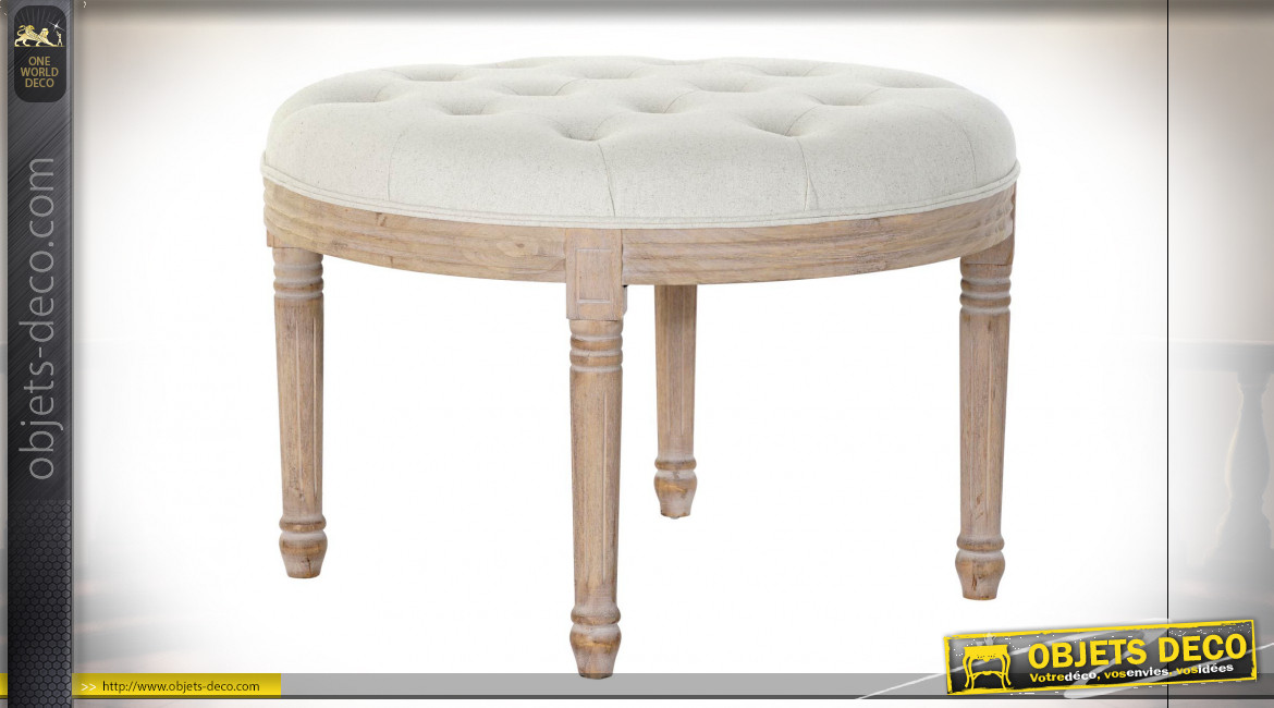 Bout de lit de style traditionnel en bois de caoutchouc finition naturelle et assise en lin capitonné gris perle, Ø70cm