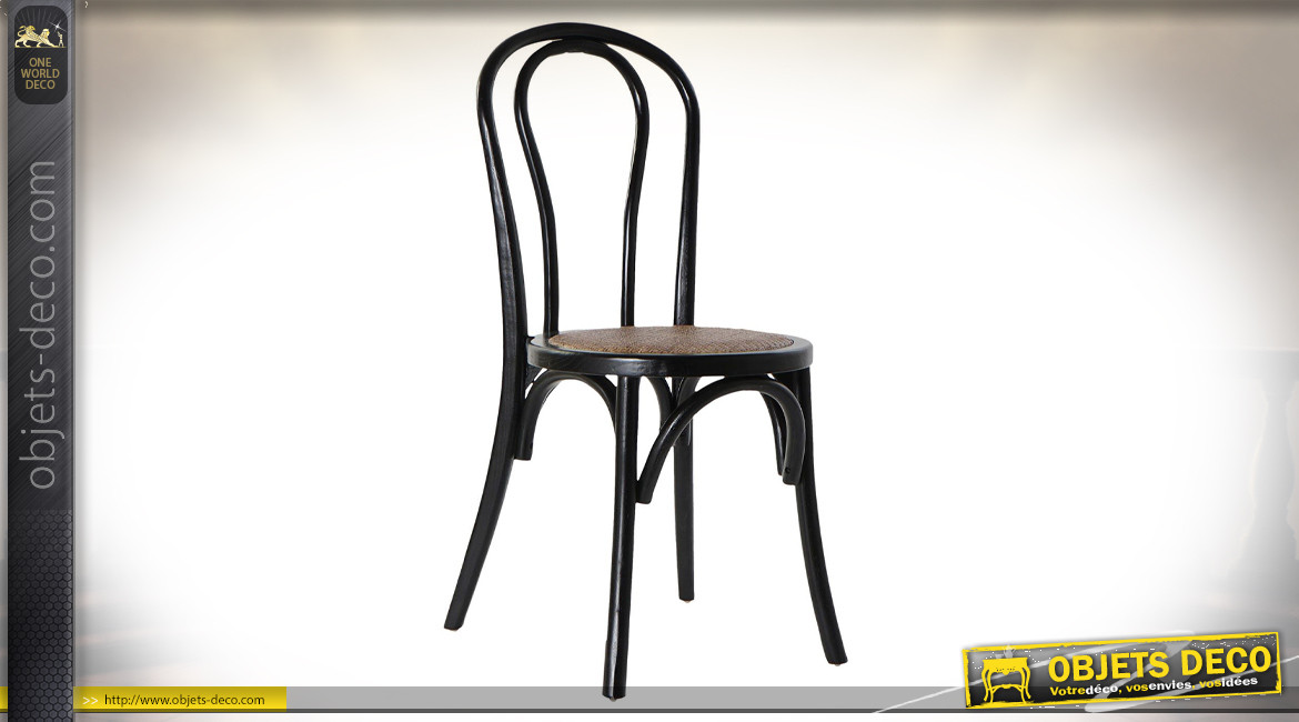 Chaise en bois d'orme finition noire et rotin ambiance vieux bistro, 89cm