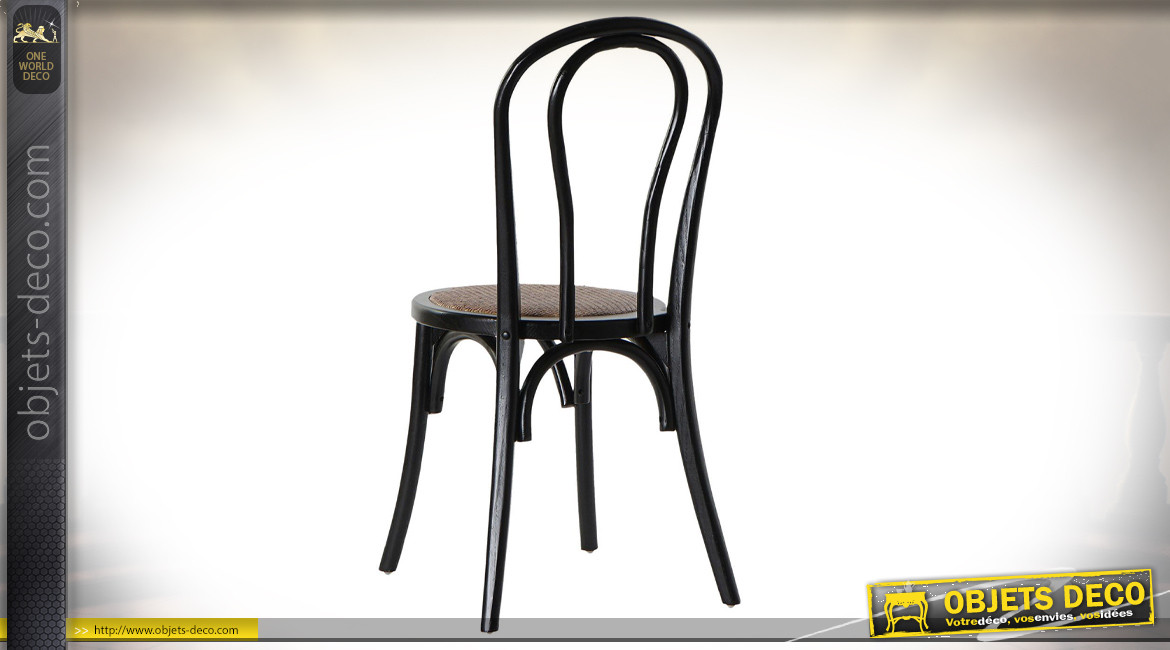 Chaise en bois d'orme finition noire et rotin ambiance vieux bistro, 89cm