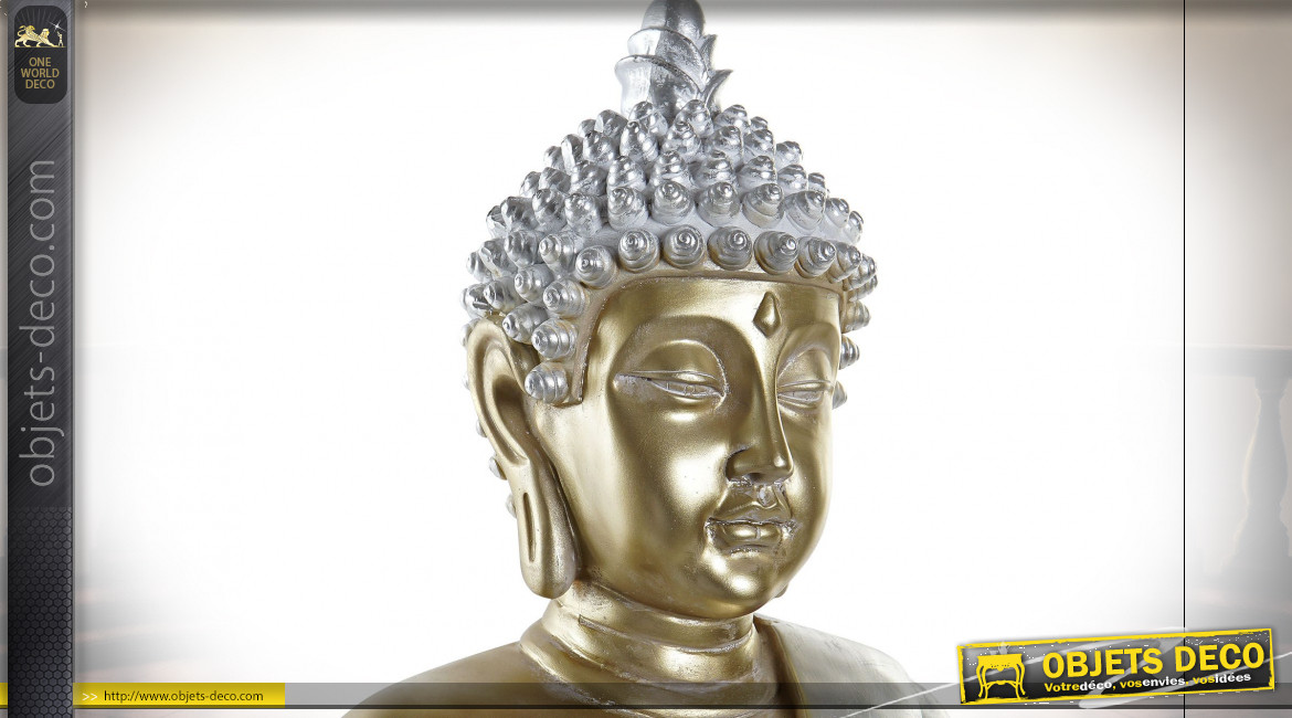 Statuette de Bouddha en résine finition argentée et dorée, 65cm