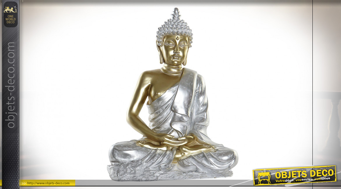 Statuette de Bouddha en résine finition argentée et dorée, 65cm