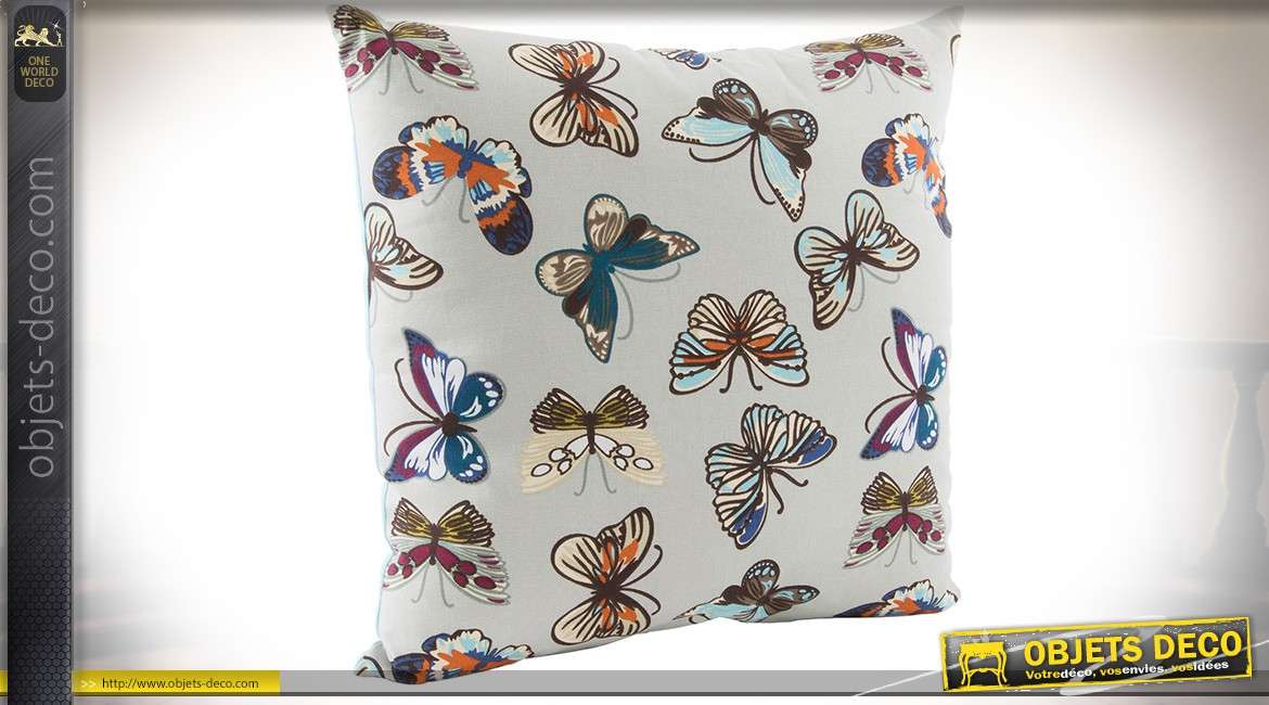 Série de 4 coussins de décoration en coton avec motifs papillons multicolores 45 x 45 cm