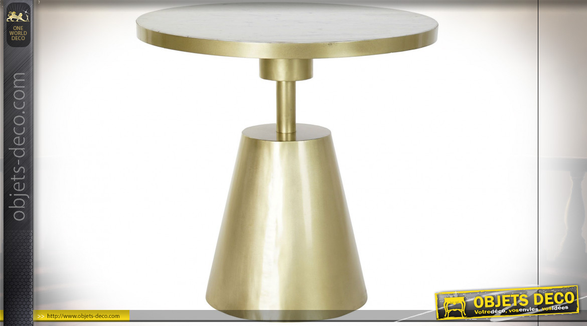 Table d'appoint en métal finition dorée et marbre blanc ambiance moderne chic, Ø60cm