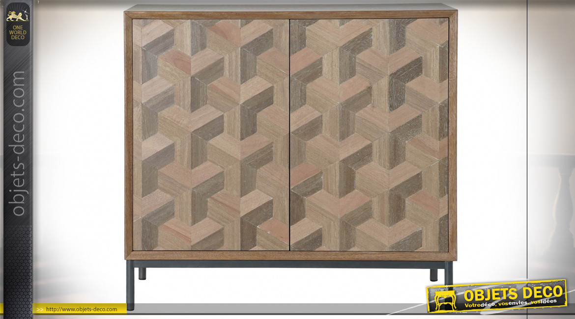 Buffet 2 portes en bois, motifs géométriques ambiance rétro, 80.5cm