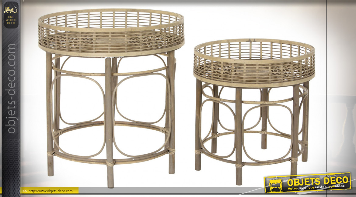 Série de 2 tables d'appoint avec galeries en rotin finition naturelle ambiance tropicale, 64cm