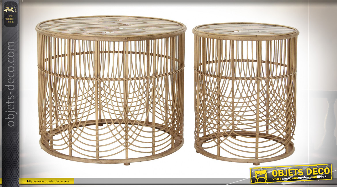 Série de 2 tables auxiliaires de style tropical en rotin finition naturelle, Ø62cm