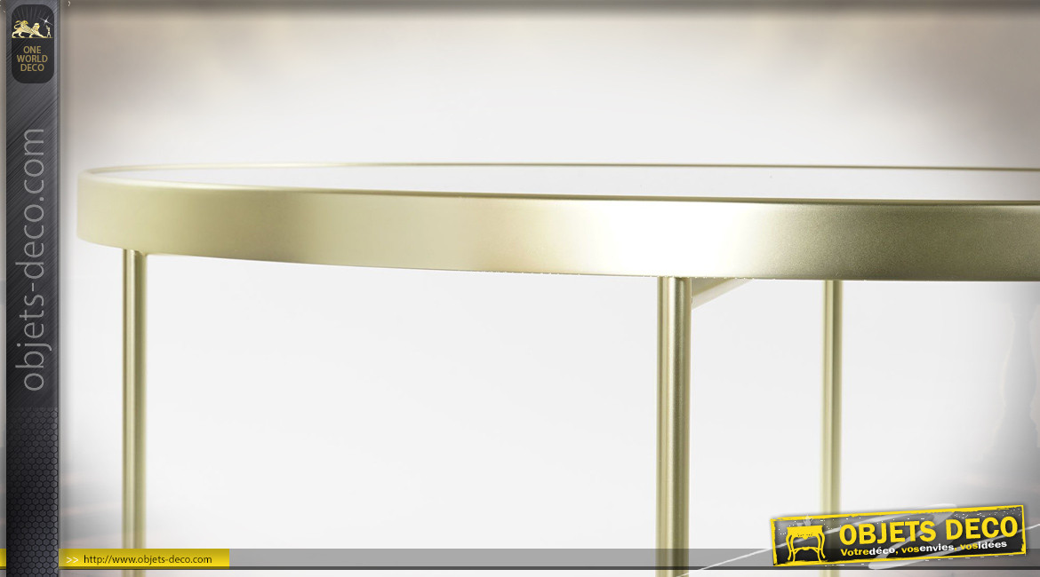 Table basse circulaire en métal doré et plateau en verre teinté noir ambiance moderne chic, Ø82cm