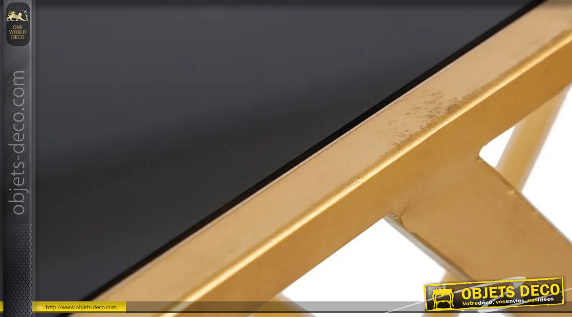 Console design en métal doré effet brossé, plateau en verre miroir teinté noir brillant, 120cm