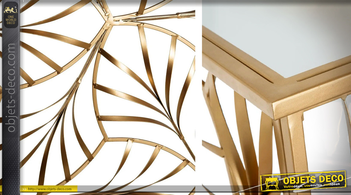 Console d'entrée en métal et plateau miroir, piètement en feuilles modernes finition dorée effet brossé, 120cm