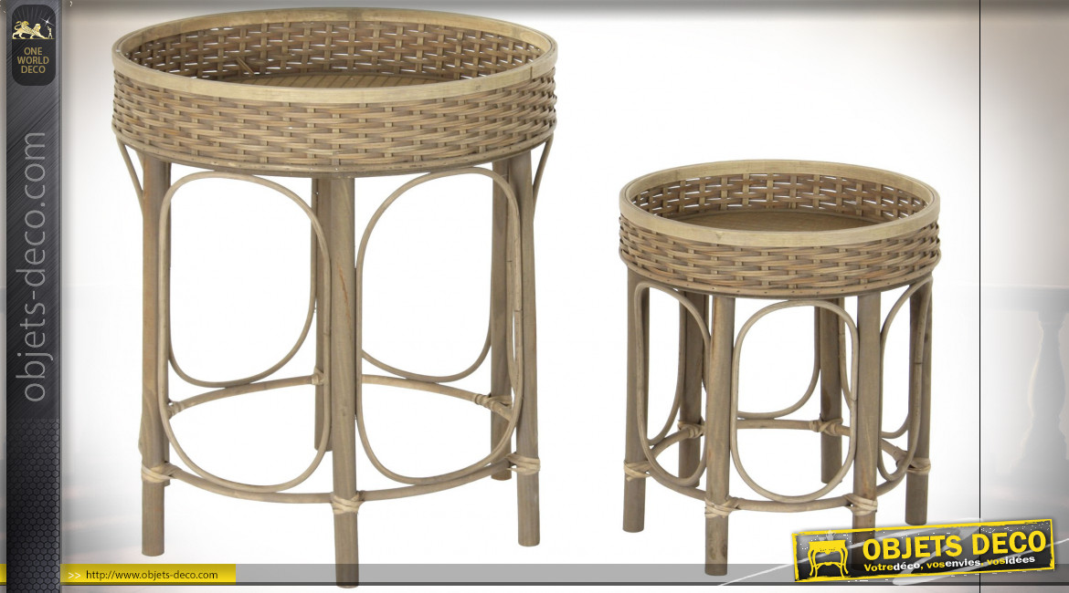 Série de 2 tables d'appoint avec galeries en rotin finition naturelle ambiance tropicale, 55cm