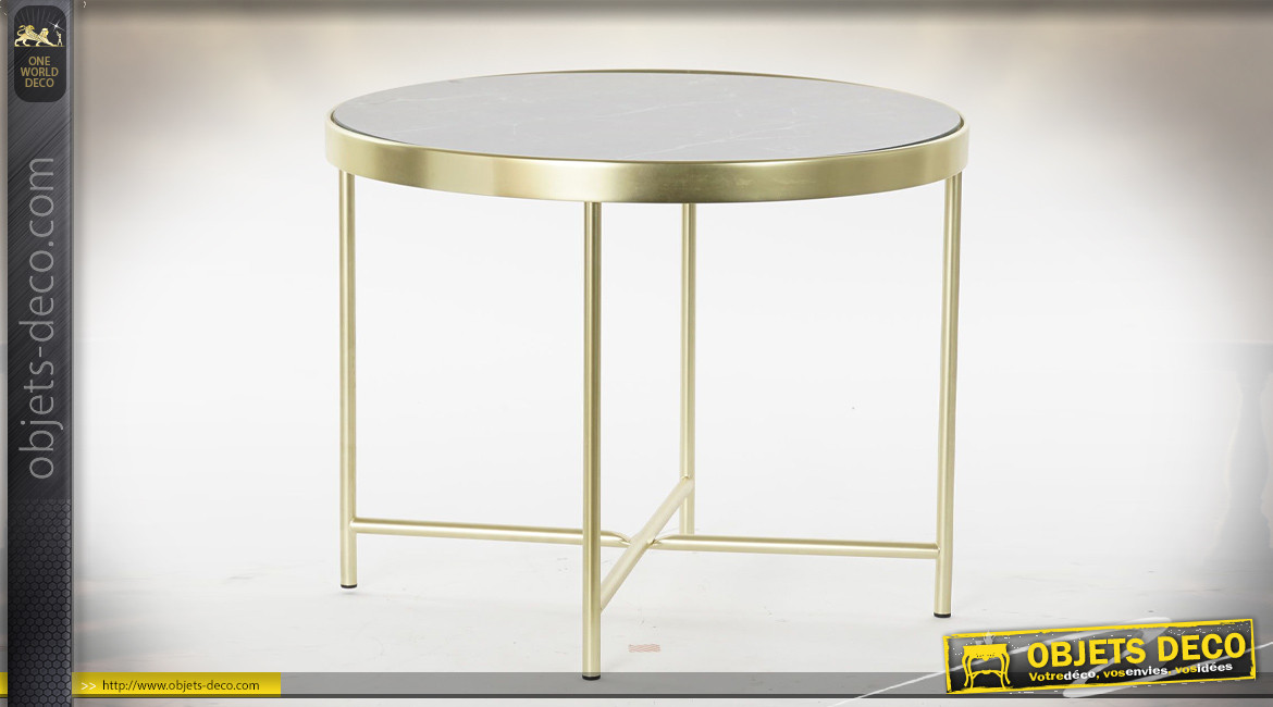 Table d'appoint en métal doré et verre teinté noir ambiance moderne chic, Ø60cm