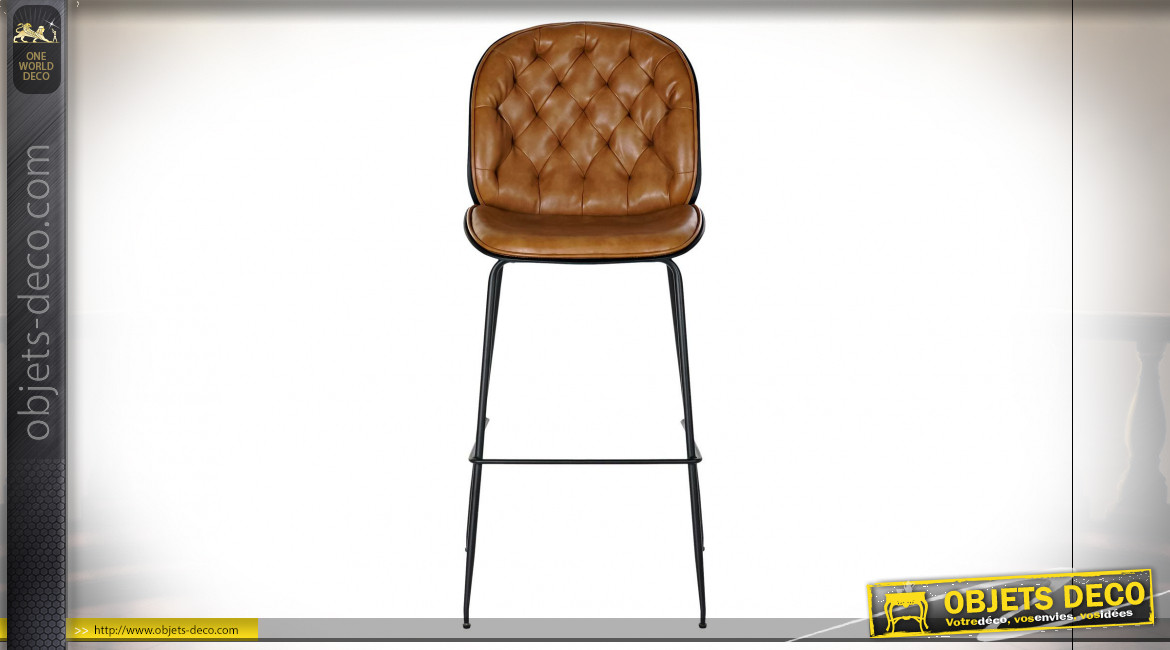 Chaise de bar en métal noir et dossier capitonné imitation cuir finition brun noisette ambiance rétro, 115cm