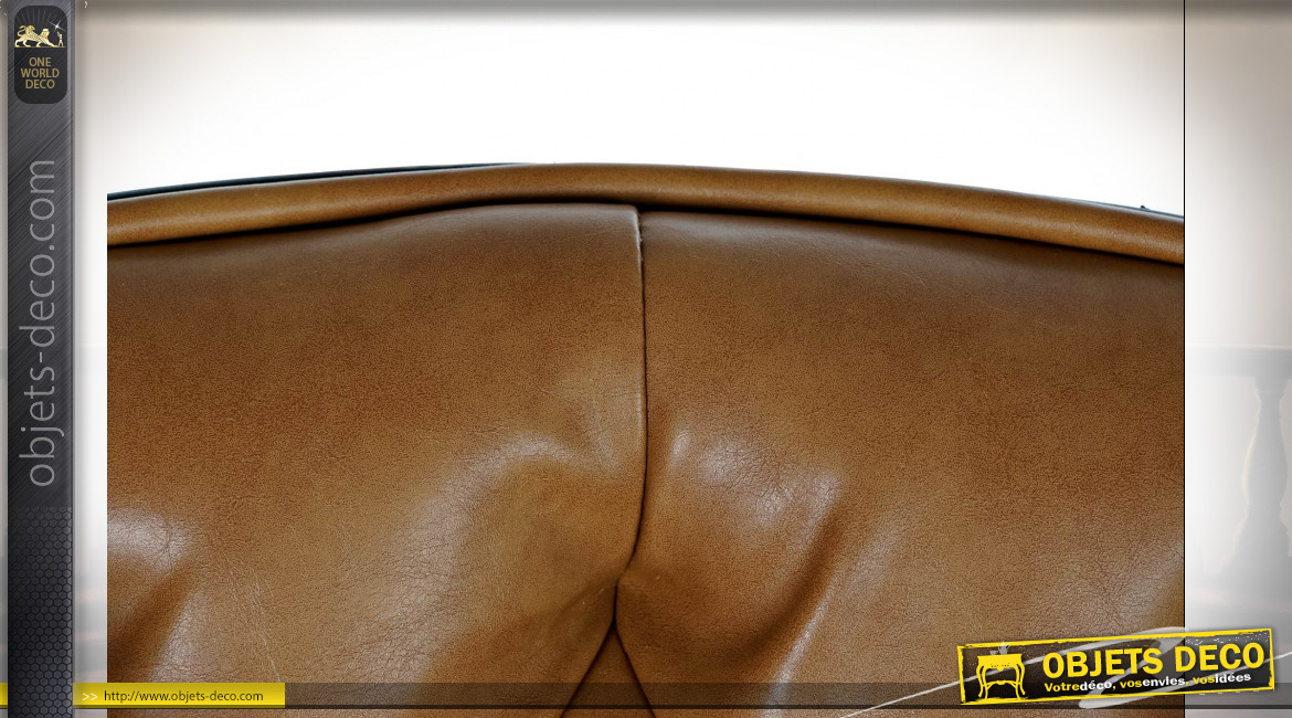 Chaise de bar en métal noir et dossier capitonné imitation cuir finition brun noisette ambiance rétro, 115cm