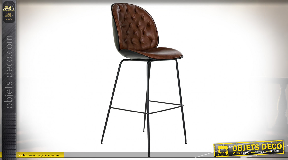 Chaise de bar à dossier capitonné imitation cuir finition brun foncé ambiance rétro, 114cm