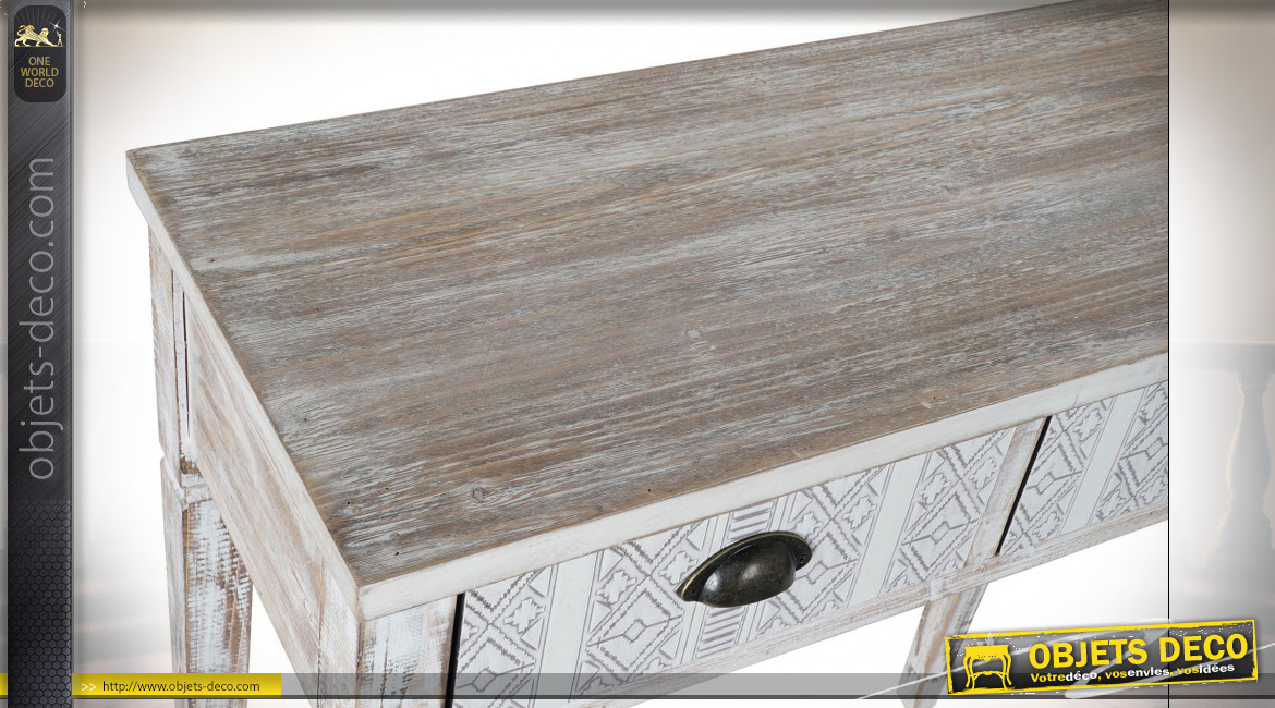 Console à 2 tiroirs en bois finition naturelle blanchie ambiance Boho, 82cm
