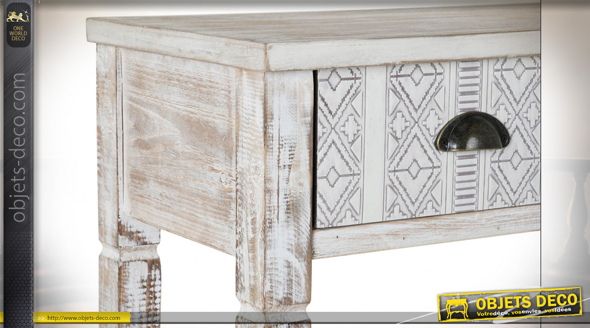 Console à 2 tiroirs en bois finition naturelle blanchie ambiance Boho, 82cm