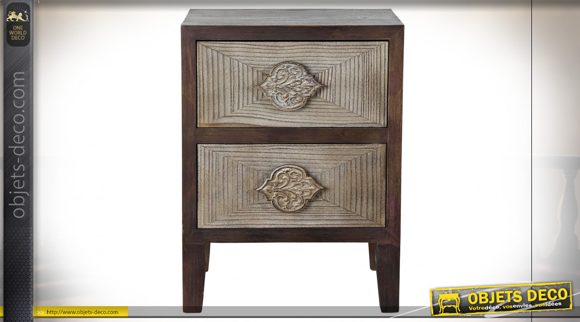 Table de chevet 2 tiroirs en bois de sapin finition brun foncé et gris ambiance orientale, 60cm