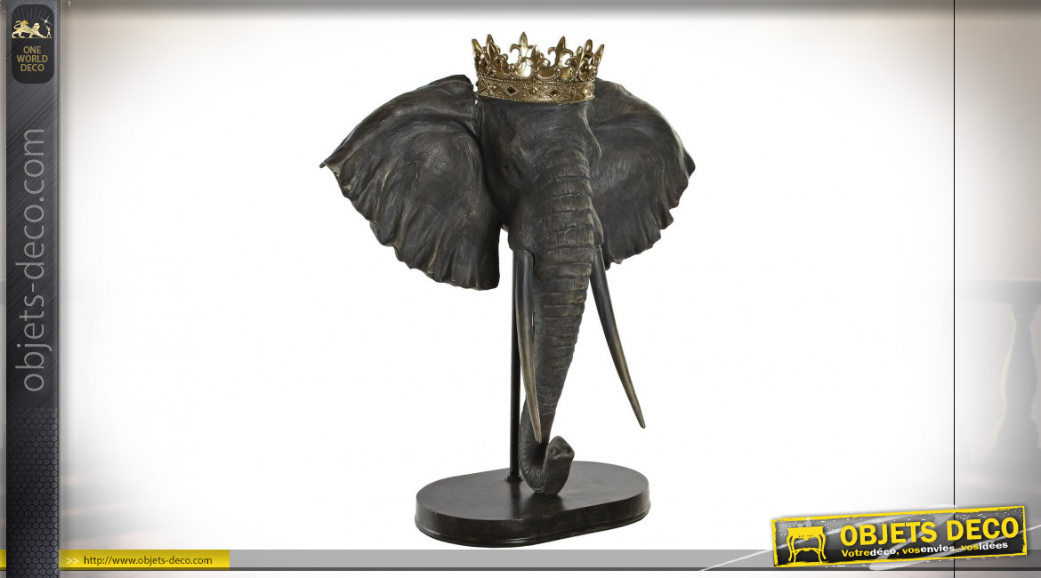 Trophée éléphant avec couronne en résine finition noire et dorée, 57cm