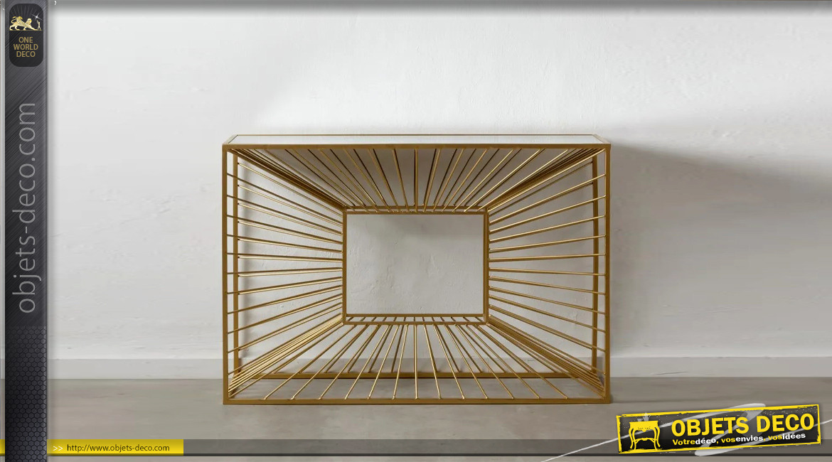 Console géométrique en métal effet profondeur, ambiance design finition dorée et miroir, 120cm