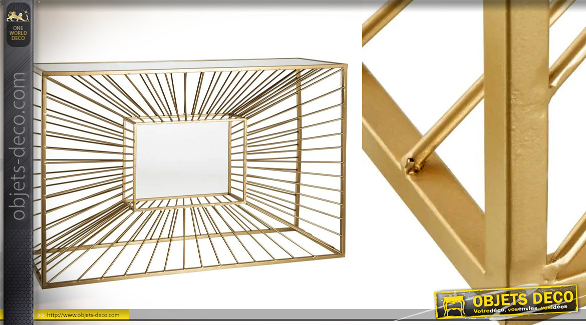 Console géométrique en métal effet profondeur, ambiance design finition dorée et miroir, 120cm